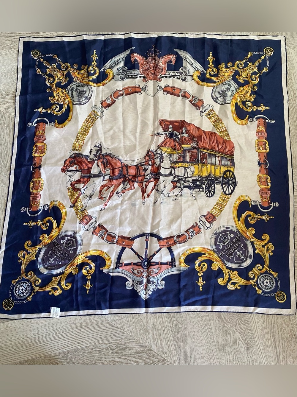 Vintage 100% Silk Equestrian Carriage Scarf Navy Gold 31” Square